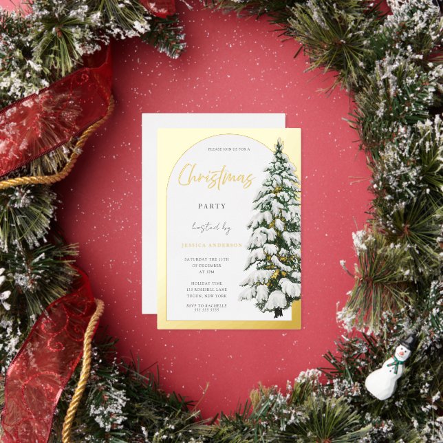 Golden Arch White Snowy Tree Christmas Party Gold Foil Invitation (Insitu)
