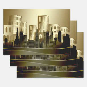 Golden Architectural Cityscape Abstract Decoupage Wrapping Paper Sheets