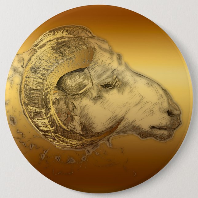 Golden Aries Ram Western Chinese Astrology Button (Front)