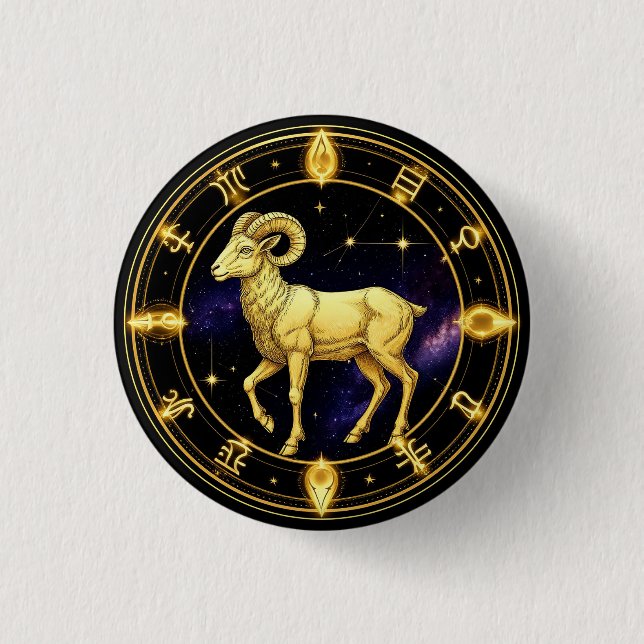 Golden Aries Zodiac Circle With Ram Button (Front)