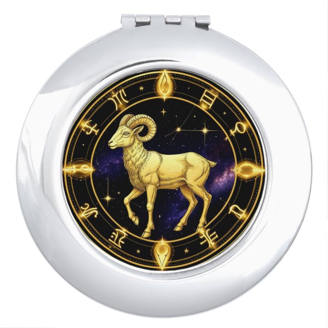 Golden Aries Zodiac Circle With Ram Compact Mirror (Front)