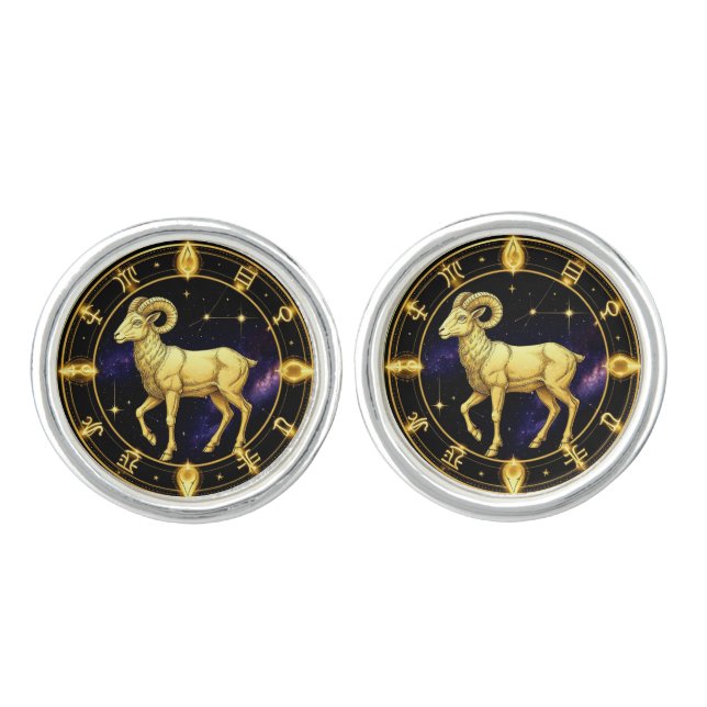 Golden Aries Zodiac Circle With Ram Cufflinks (Front)