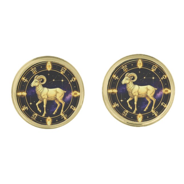 Golden Aries Zodiac Circle With Ram Cufflinks (Front)