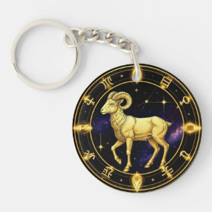 Golden Aries Zodiac Circle With Ram Keychain