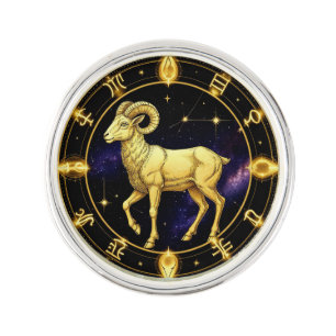 Golden Aries Zodiac Circle With Ram Lapel Pin