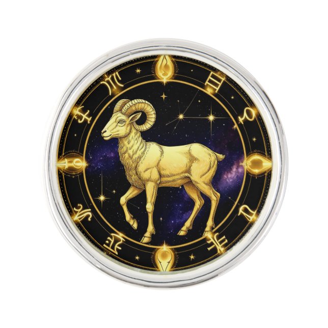 Golden Aries Zodiac Circle With Ram Lapel Pin (Front)