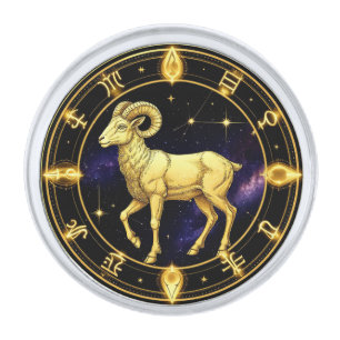 Golden Aries Zodiac Circle With Ram Silver Finish Lapel Pin