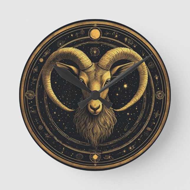 Golden Aries Zodiac Shield Round Clock (Front)
