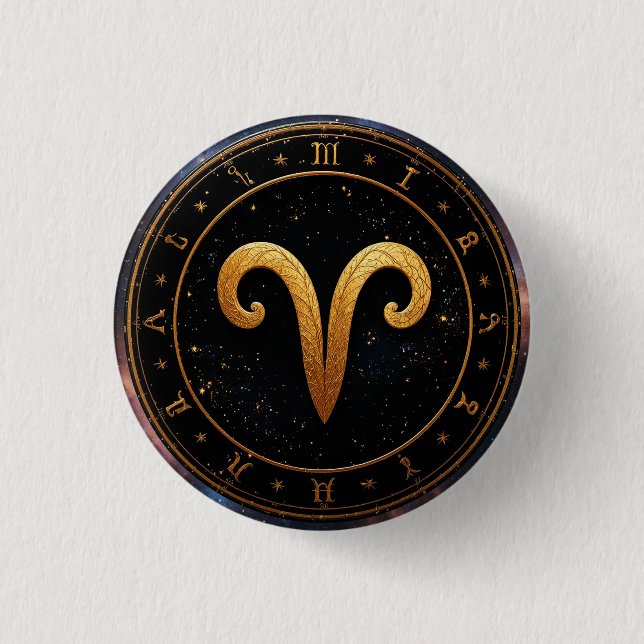Golden Aries Zodiac Wheel Symbol Button (Front)