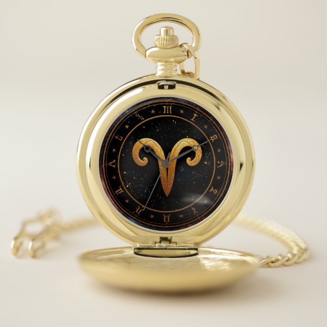 Golden Aries Zodiac Wheel Symbol Pocket Watch (Inside)