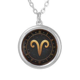 Golden Aries Zodiac Wheel Symbol Silver Plated Necklace