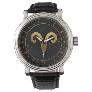 Golden Aries Zodiac Wheel Symbol Watch