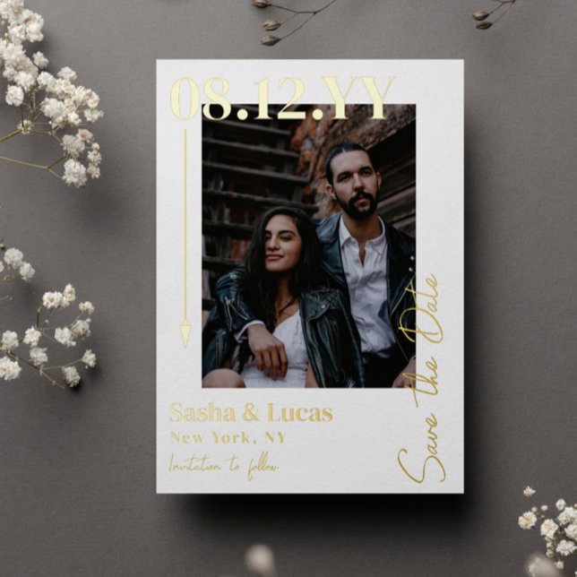 Golden Arrow Typography Photo Save The Date Foil Invitation (Creator Uploaded)