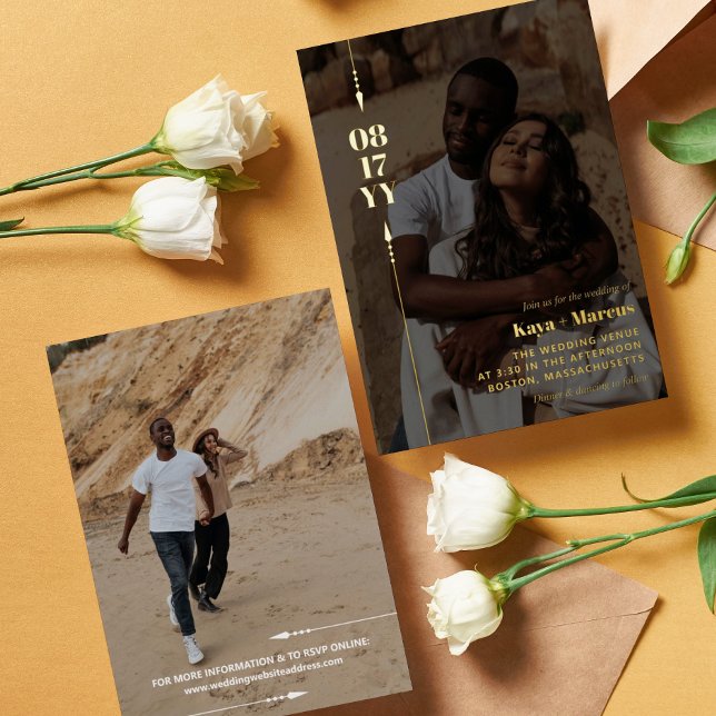 Golden Arrows & Date Photo Wedding Gold Foil Invitation (Creator Uploaded)