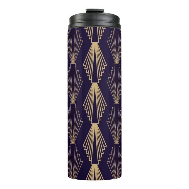 Golden art Deco Pattern. Seamless dark blue backgr Thermal Tumbler (Front)