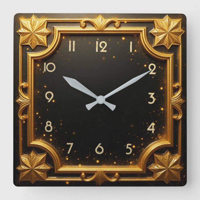 Golden Art Deco Square Wall Clock (Front)