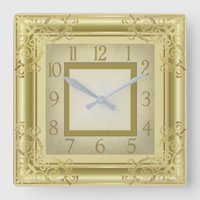 Golden Art Deco Square Wall Clock (Front)