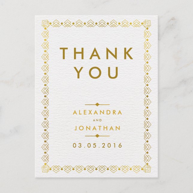 Golden Art Deco Wedding Thank You Postcard (Front)