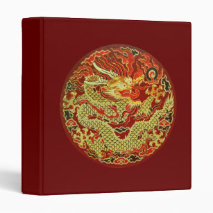 Golden asian dragon embroidered on dark red 3 ring binder