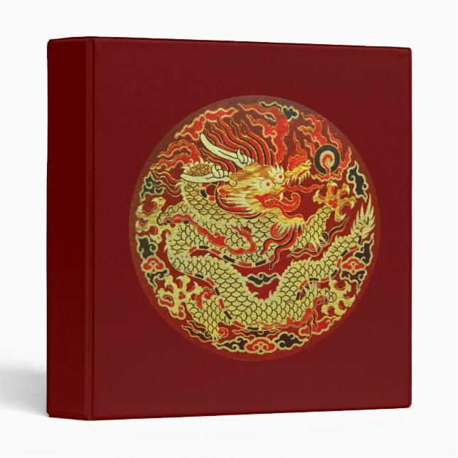 Golden asian dragon embroidered on dark red 3 ring binder (Front/Spine)