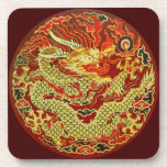 Golden Asian Dragon Embroidered On Dark Red Beverage Coaster at Zazzle
