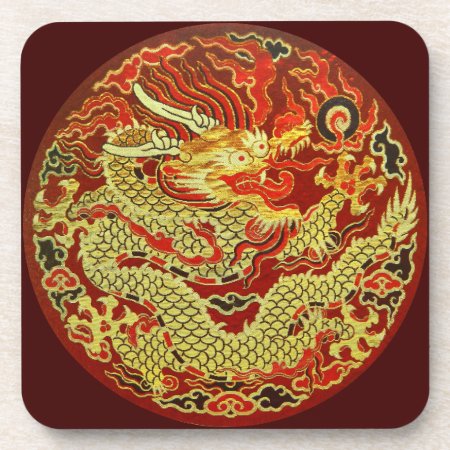 Golden Asian Dragon Embroidered On Dark Red Beverage Coaster