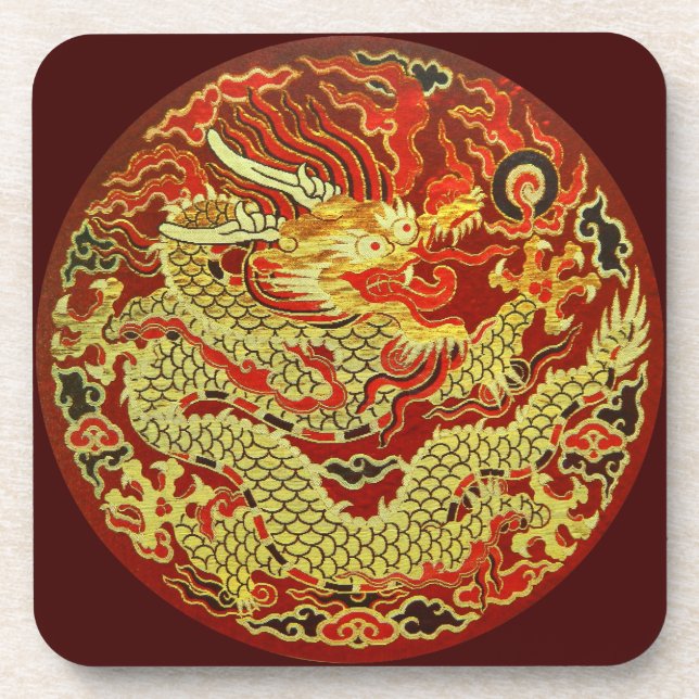 Golden asian dragon embroidered on dark red beverage coaster (Front)