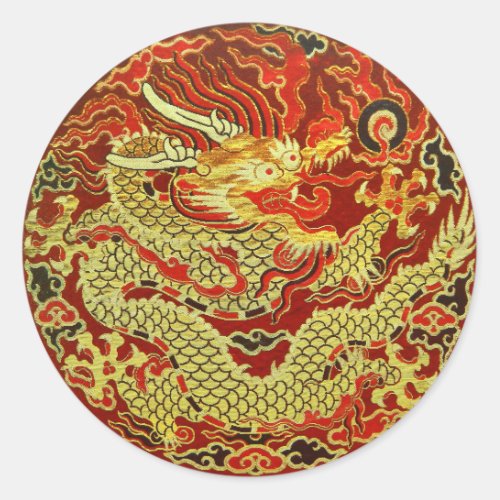 Golden asian dragon embroidered on dark red classic round sticker