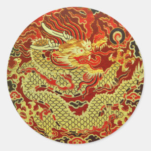Golden asian dragon embroidered on dark red classic round sticker