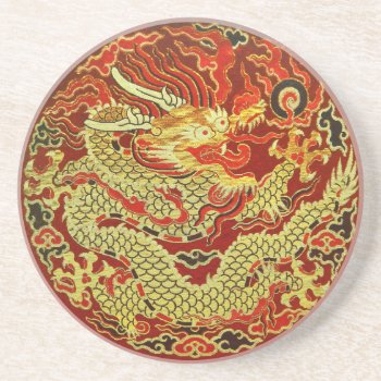 Golden Asian Dragon Embroidered On Dark Red Drink Coaster by YANKAdesigns at Zazzle