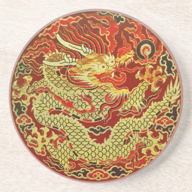 Golden asian dragon embroidered on dark red drink coaster (Front)
