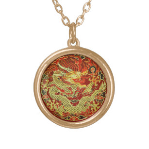 Golden asian dragon embroidered on dark red gold plated necklace