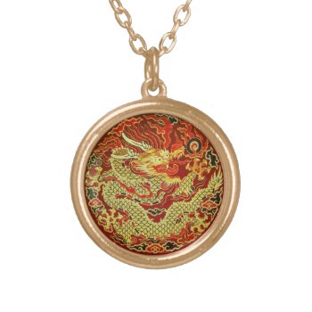 Golden Asian Dragon Embroidered On Dark Red Gold Plated Necklace by YANKAdesigns at Zazzle