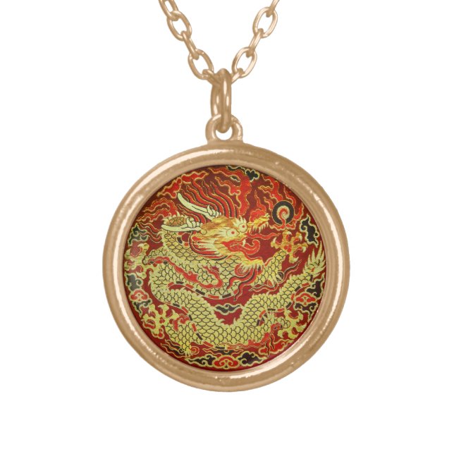 Golden asian dragon embroidered on dark red gold plated necklace (Front)