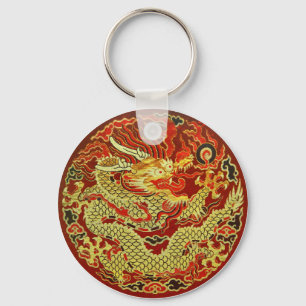 Golden asian dragon embroidered on dark red keychain
