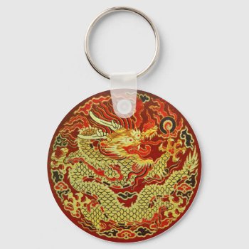 Golden Asian Dragon Embroidered On Dark Red Keychain by YANKAdesigns at Zazzle