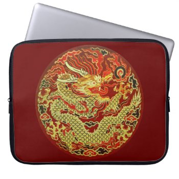 Golden Asian Dragon Embroidered On Dark Red Laptop Sleeve by YANKAdesigns at Zazzle