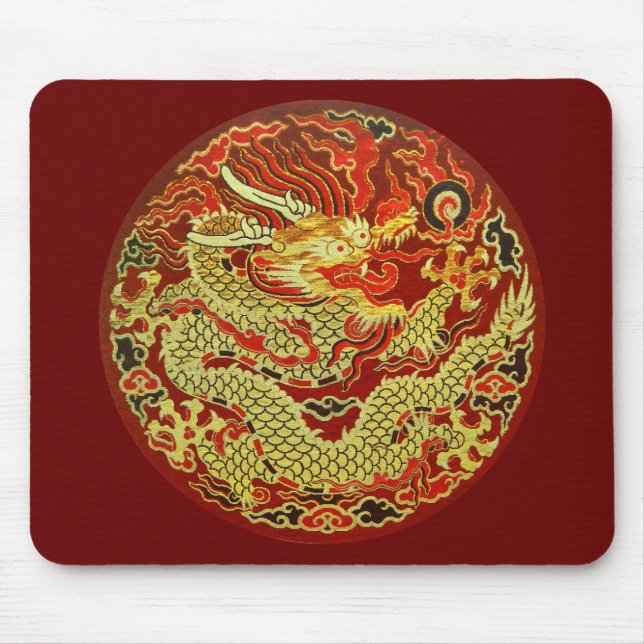 Golden asian dragon embroidered on dark red mouse pad (Front)
