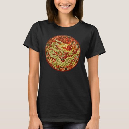 Golden Asian Dragon Embroidered On Dark Red T-shirt