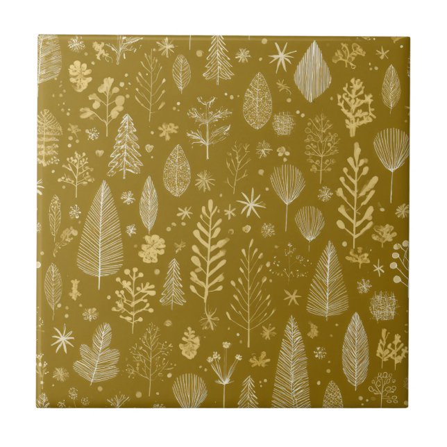 Golden Autumn Christmas Botanical Pattern Ceramic Tile (Front)