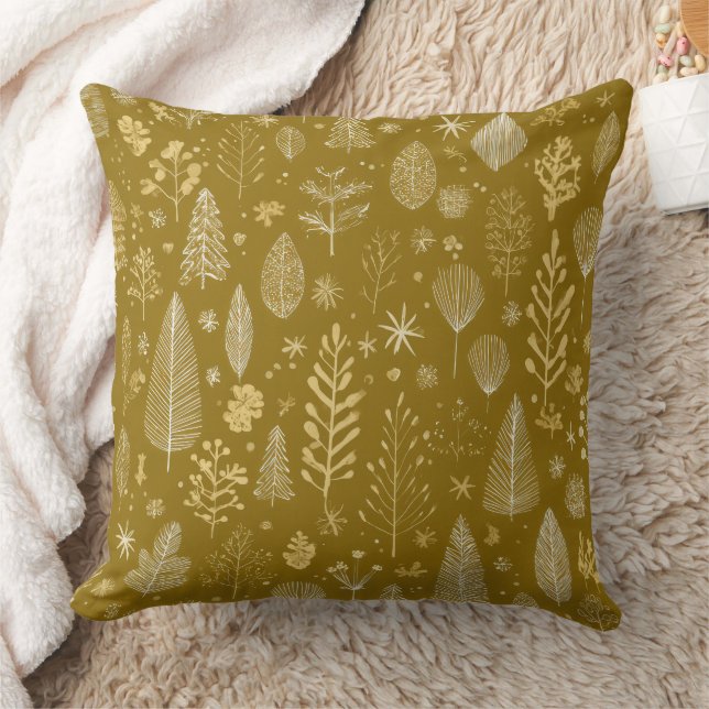 Golden Autumn Christmas Botanical Pattern Throw Pillow (Blanket)