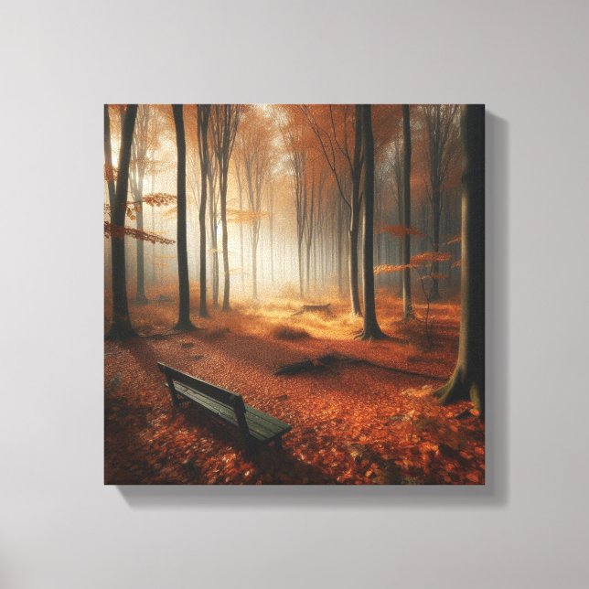 Golden Autumn Clearing with Bench with Forest Canvas Print (Front)