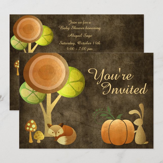 Golden Autumn Fox and Bunny Baby Shower Invitation (Front/Back)