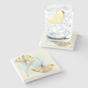 Golden Autumn Ginkgo Leaves Stone Coaster