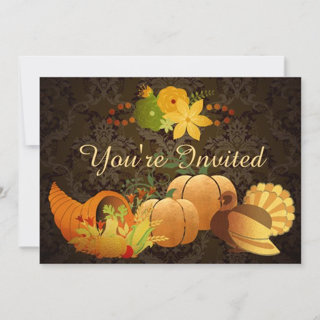 Golden Autumn Harvest Damask Birthday Invitation (Front)