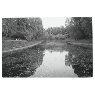 Golden Autumn Lake - Black & White Nordic Edition Metal Print