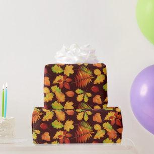 Golden Autumn Leaf Print on Burgundy Wrapping Paper