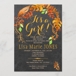 Golden autumn leaves chalkboard baby shower invitation