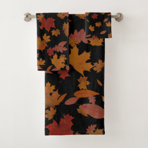 Golden Autumn Leaves on Custom Color Black Bath Towel Set