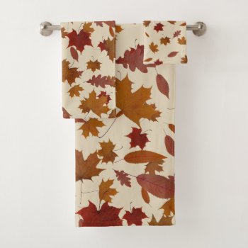 Golden Autumn Leaves On Custom Color Cream Bath Towel Set by KreaturFlora at Zazzle